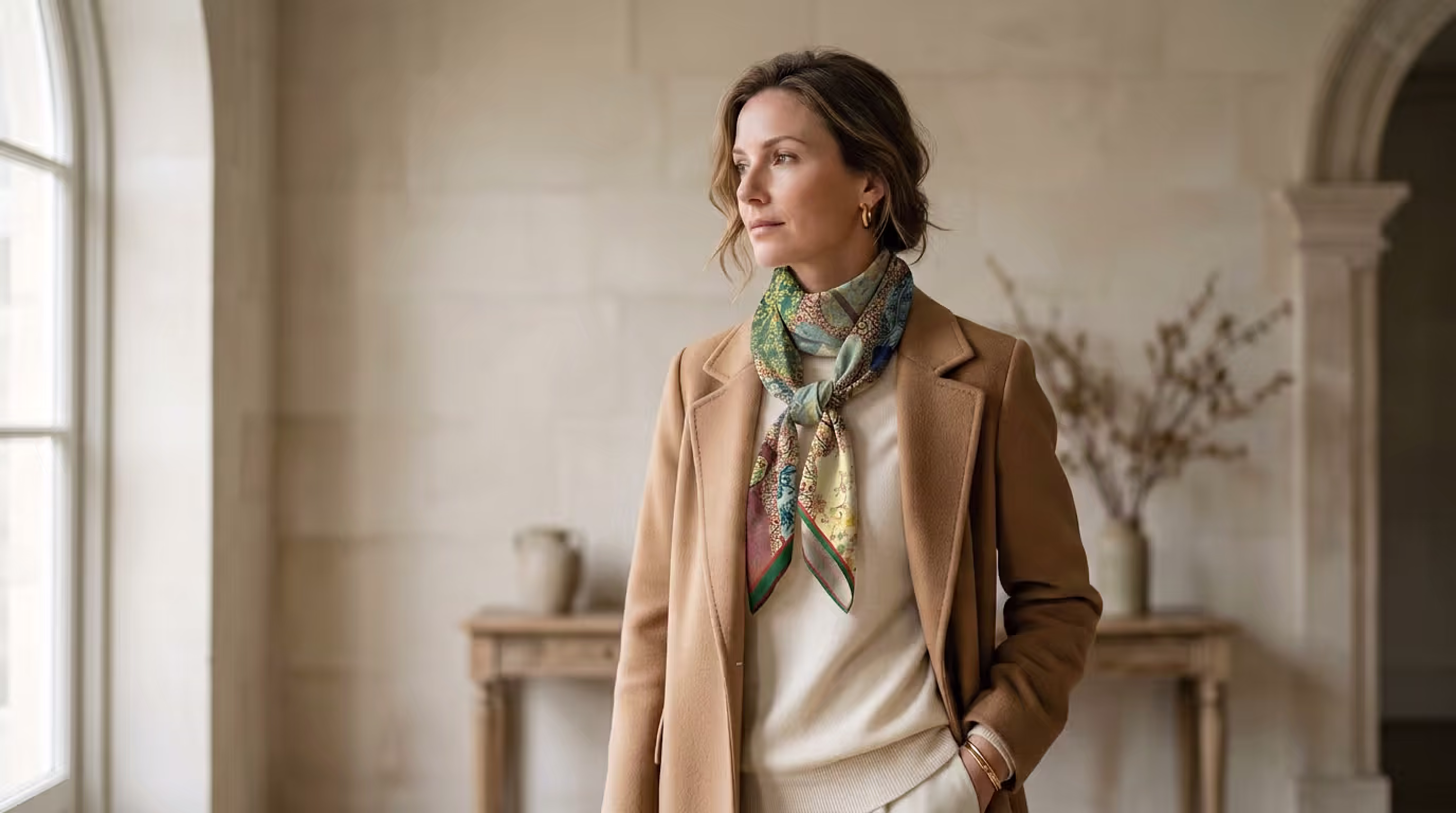 Elegant woman wearing luxury designer silk scarf - premium handcrafted silk head scarf and neck scarf collection for women