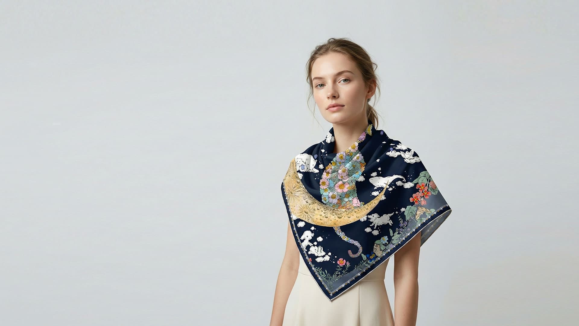 Elegant woman wearing luxury designer silk scarf - premium handcrafted silk head scarf and neck scarf collection for women