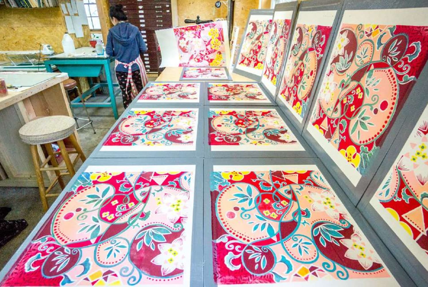 Watercolor painting process for designer silk scarf artwork