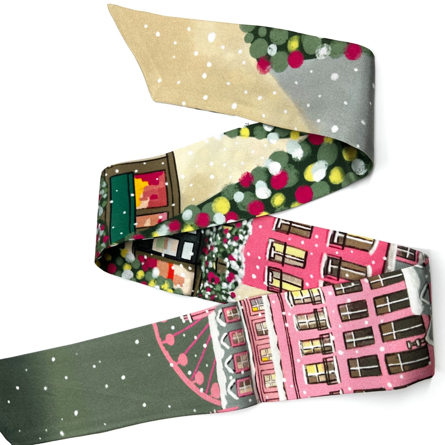 Christmas Street – Double-Layer Silk Skinny Scarf & Hair Ribbon | Holiday Skinny Scarf & Bag Accessory - luxury skinny scarf & ribbon | hand-painted mulberry silk scarf