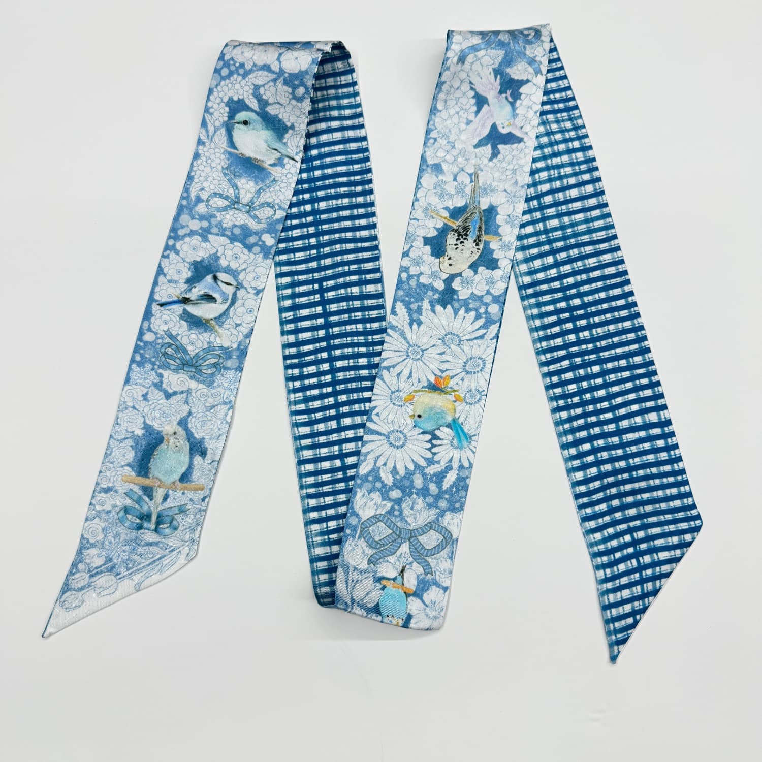 Bluebird Garden – Double-Layer Silk Skinny Scarf & Hair Ribbon | Floral Skinny Scarf & Bag Accessory - luxury skinny scarf & ribbon | hand-painted mulberry silk scarf