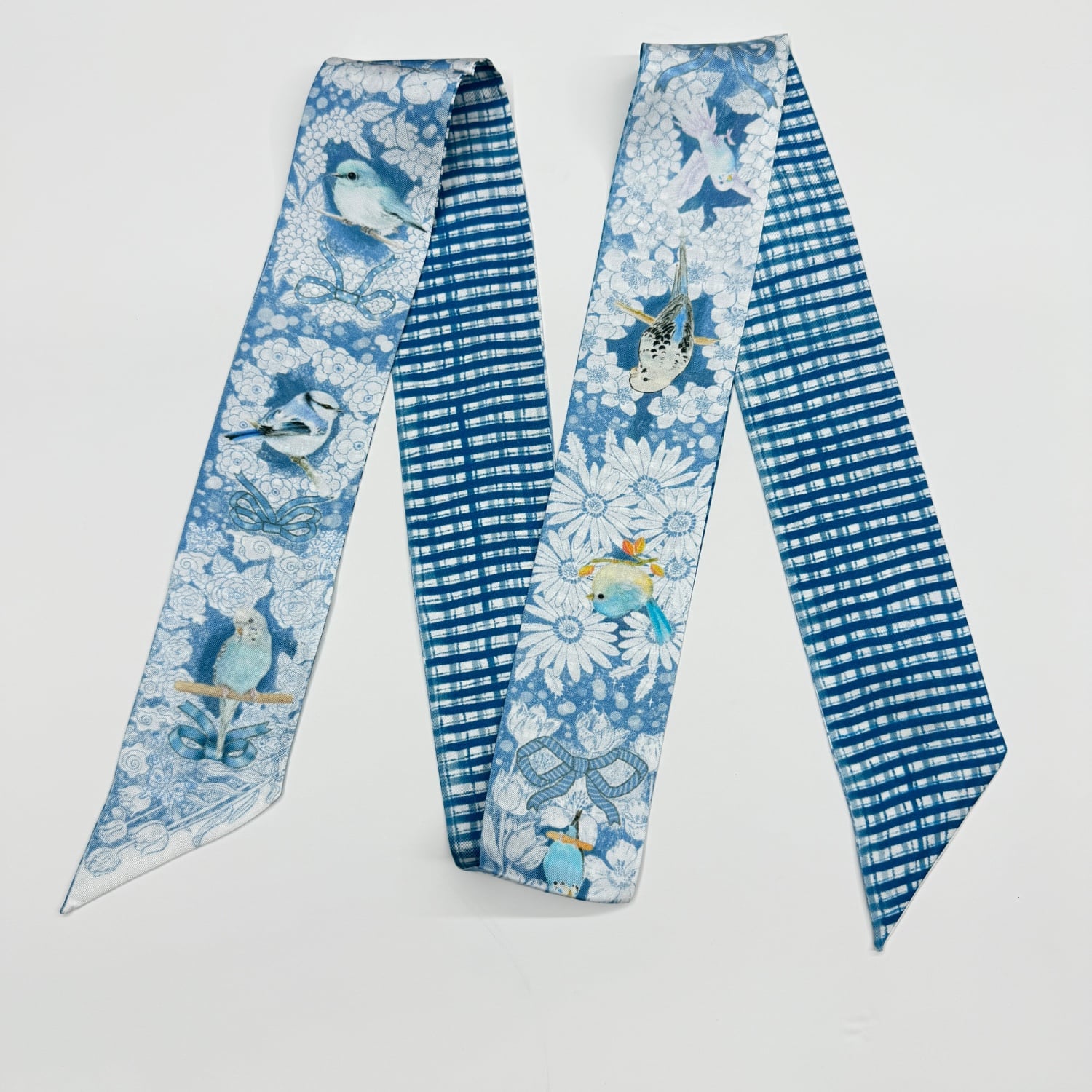 Bluebird Garden – Double-Layer Silk Skinny Scarf & Hair Ribbon | Floral Twilly & Bag Accessory