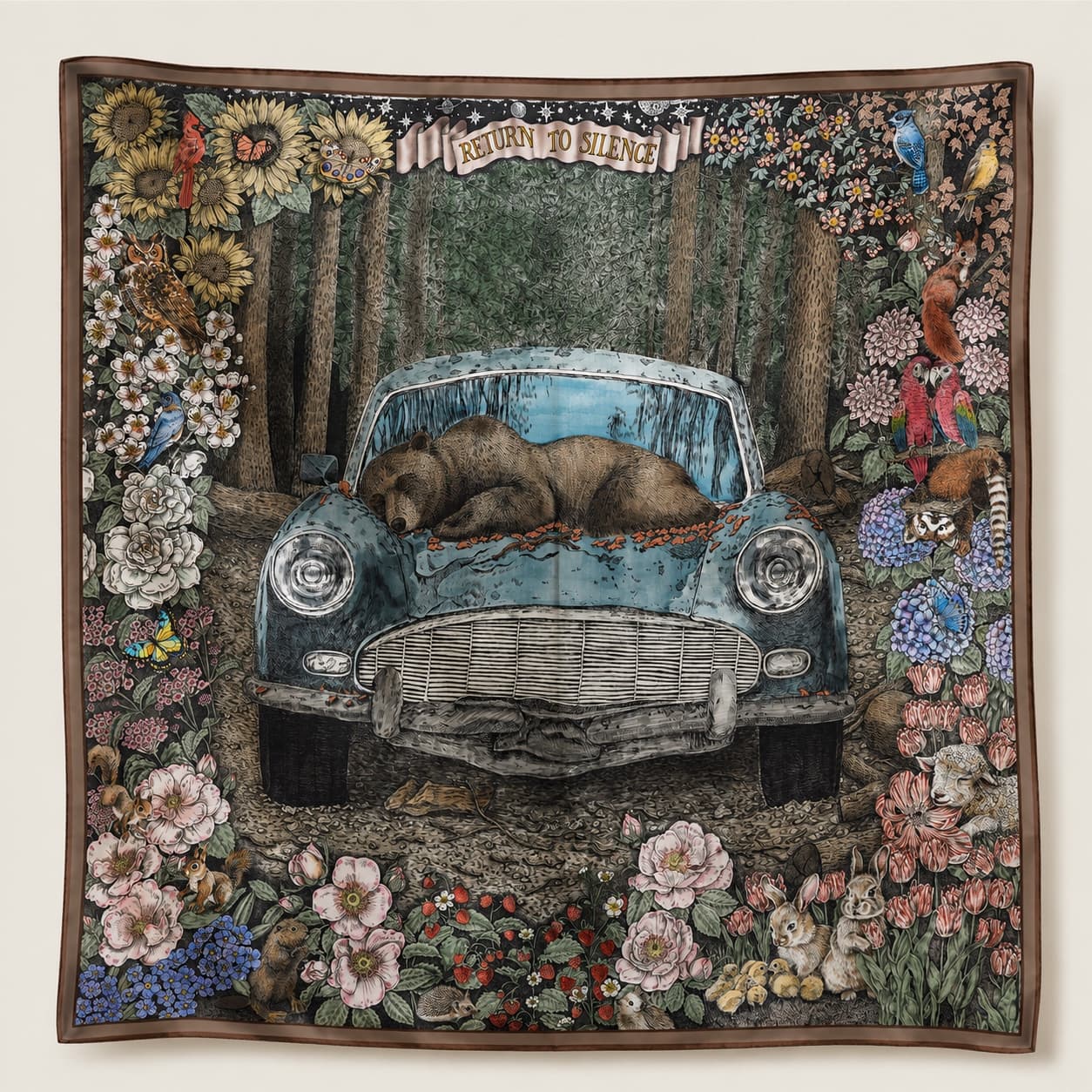 Heavyweight Double-Sided Mulberry Silk Twill Scarf, Woodland Bear Design, Hand-Painted by Wenzi, 90x90cm - luxury square silk scarf | hand-painted mulberry silk scarf