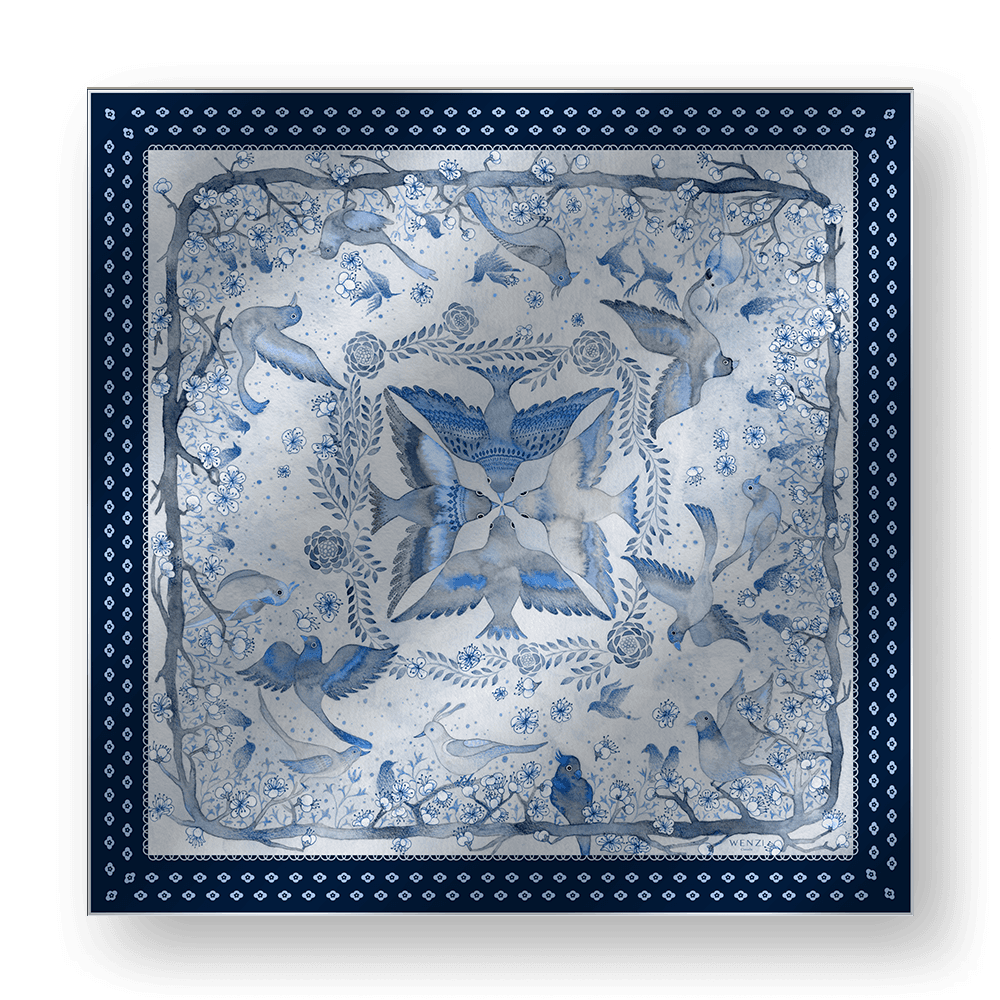BLOSSOM BIRDS - Double-Sided Hand-Painted Silk Scarf | 100% Mulberry Silk Head Wrap