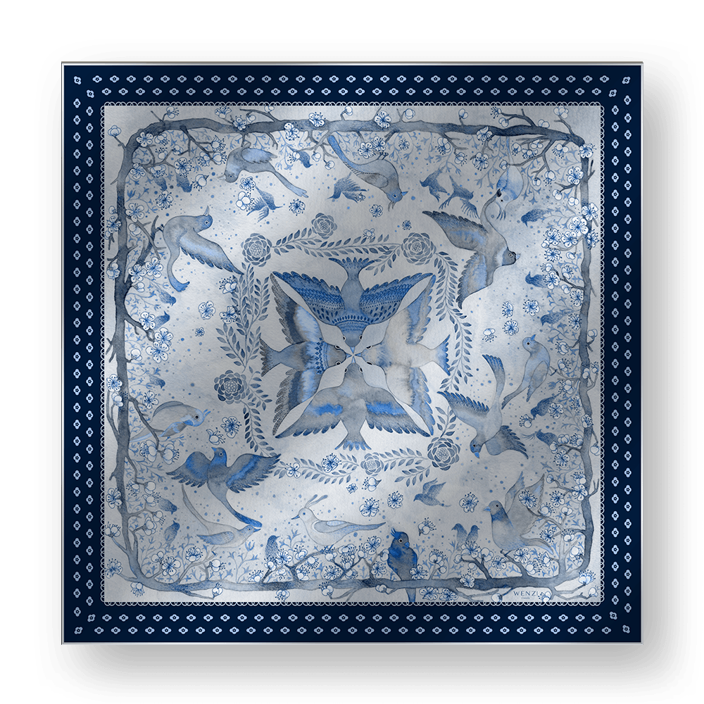 BLOSSOM BIRDS - Double-Sided Hand-Painted Silk Scarf | 100% Mulberry Silk Head Wrap