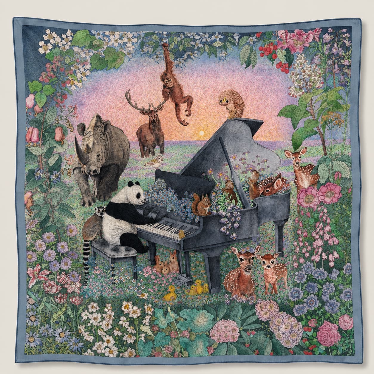 Heavyweight Double-Sided Mulberry Silk Twill Scarf, Panda Piano Silk Scarf, Hand-Painted by Wenzi, 90x90cm Luxury Gift - luxury square silk scarf | hand-painted mulberry silk scarf