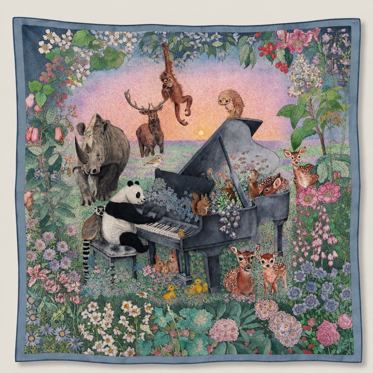 Heavyweight Double-Sided Mulberry Silk Twill Scarf, Panda Piano Silk Scarf, Hand-Painted by Wenzi, 90x90cm Luxury Gift
