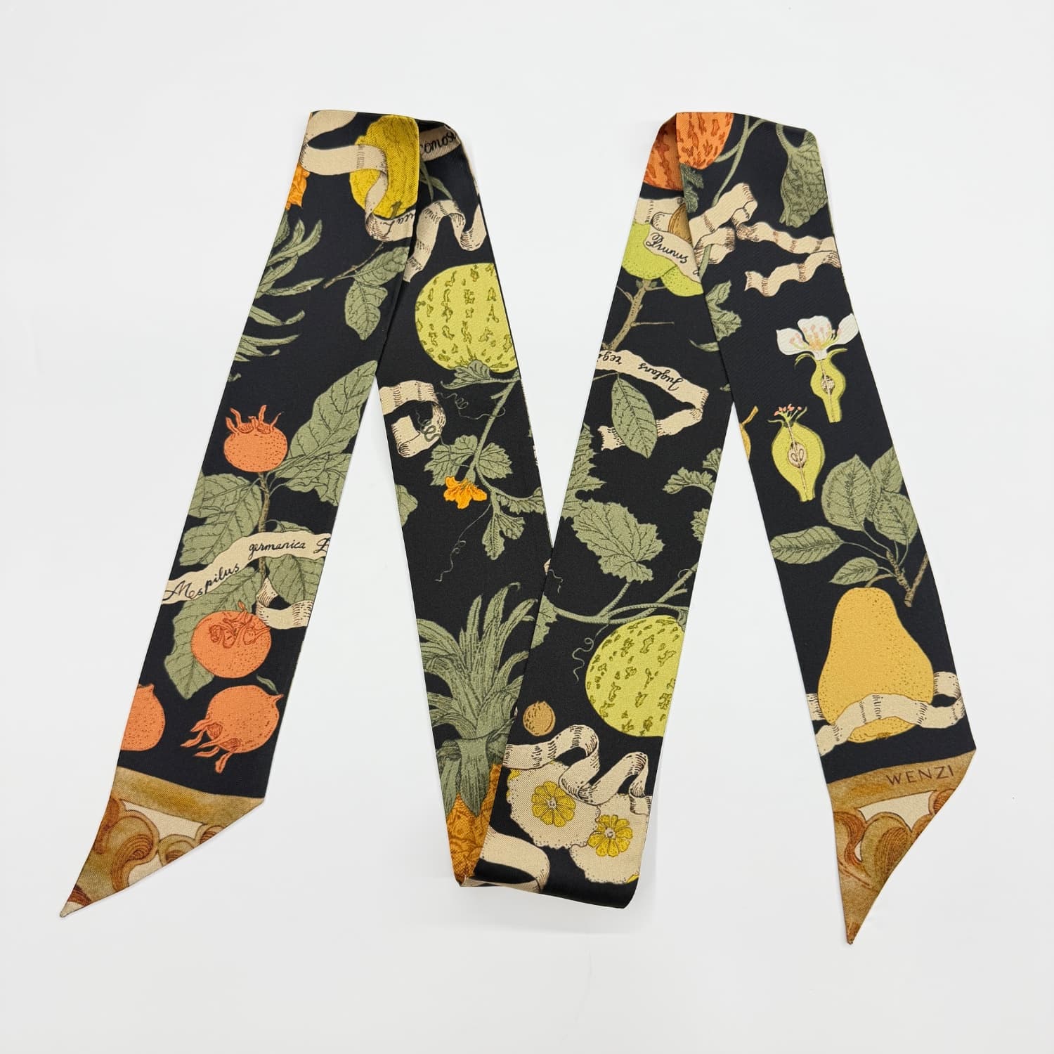 Botanical Harvest – Double-Layer Silk Skinny Scarf & Hair Ribbon | Botanical Skinny Scarf & Bag Accessory - luxury skinny scarf & ribbon | hand-painted mulberry silk scarf
