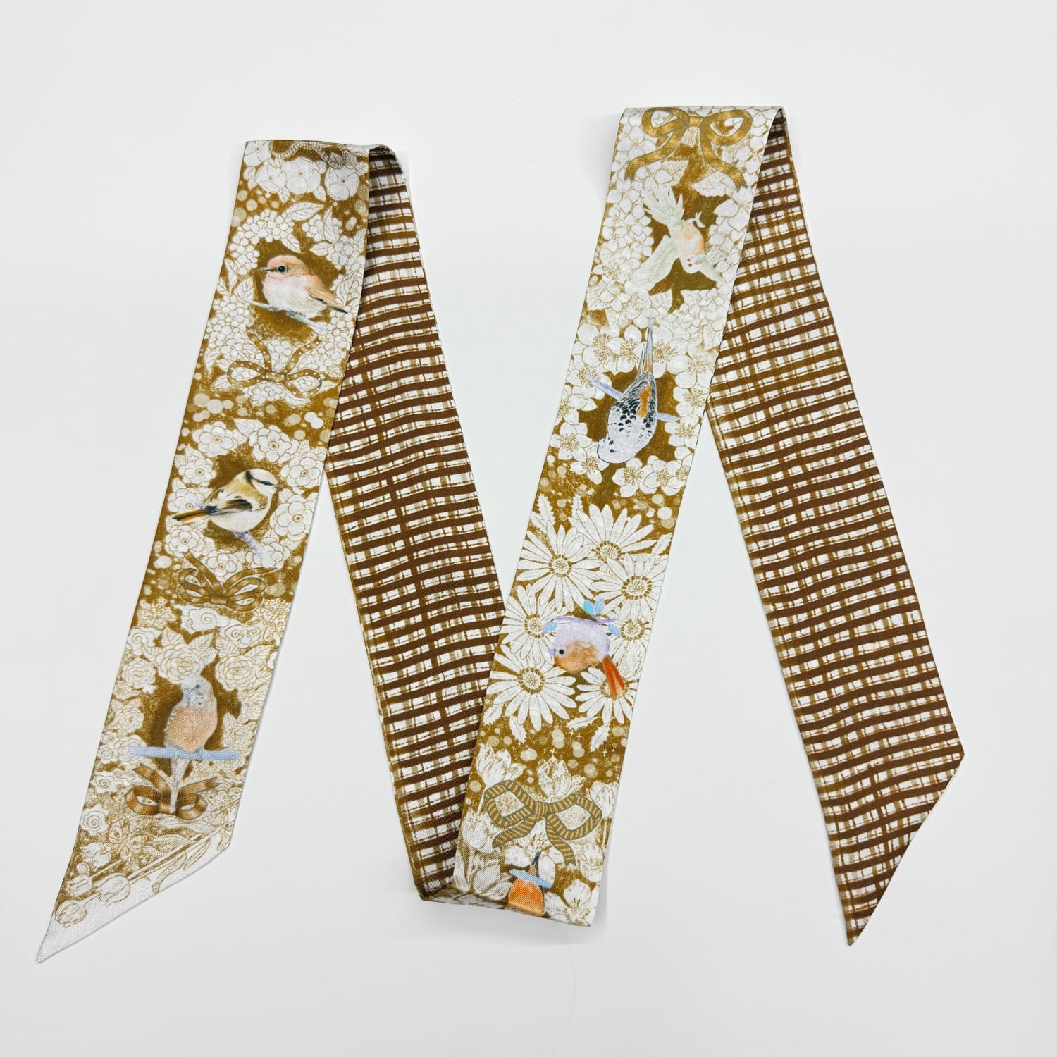 Caramel Brown Bird – Double-Layer Silk Skinny Scarf & Hair Ribbon | Floral Twilly & Bag Accessory