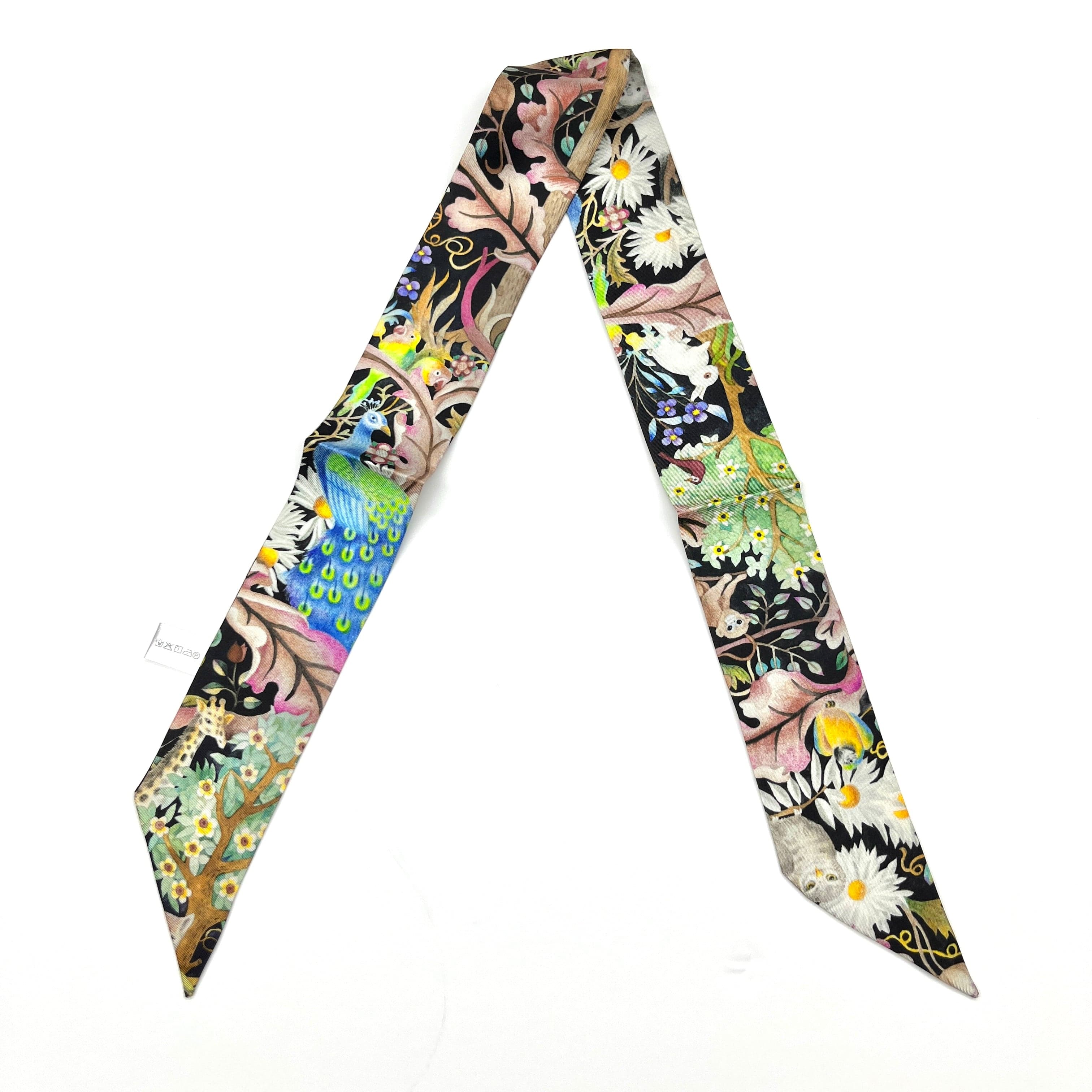 Mystic Woodland A - Double-Layer Silk Skinny Scarf & Hair Ribbon | Bag Accessory - luxury skinny scarf & ribbon | hand-painted mulberry silk scarf