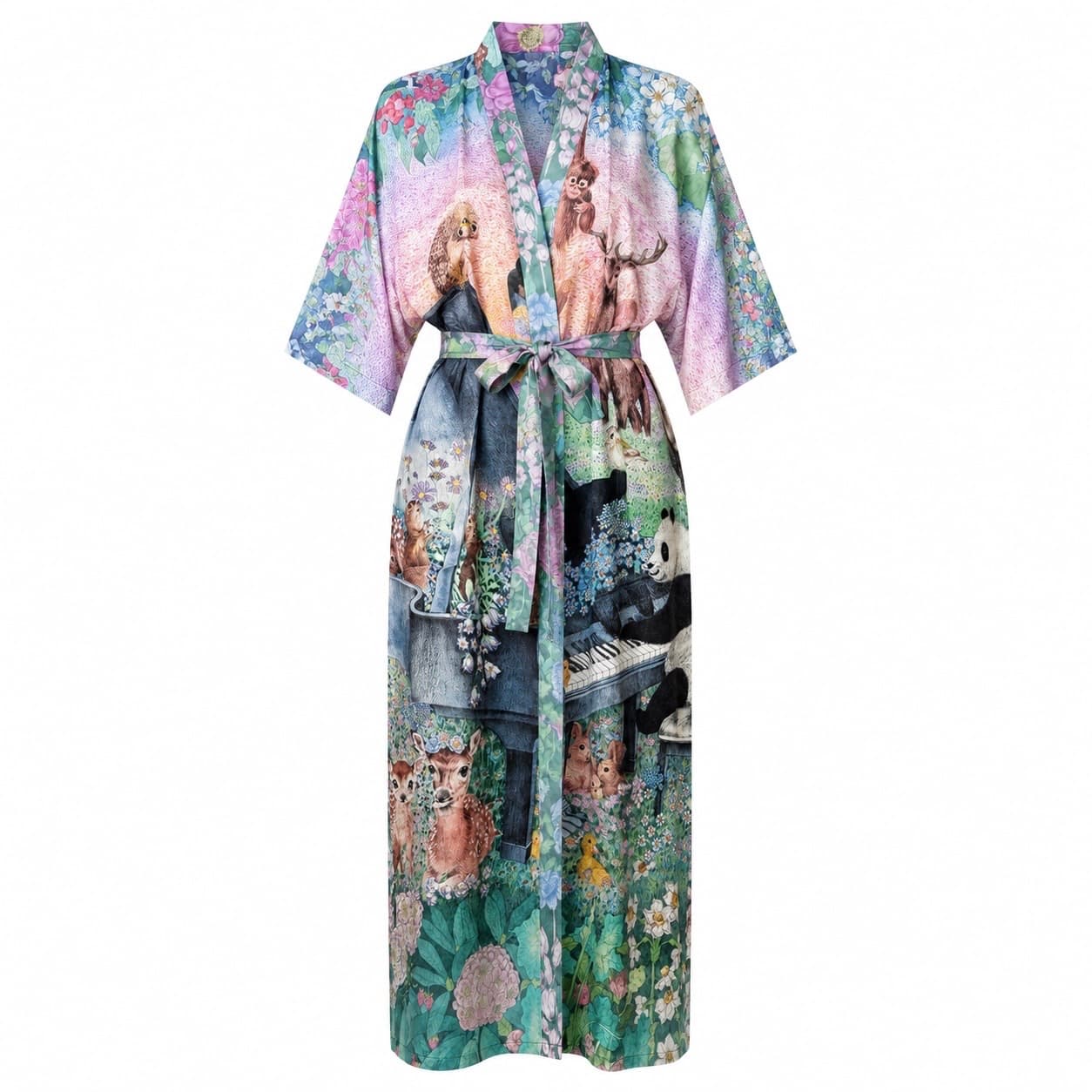 Wenzi Reversible Silk Robe Double Sided Animal Garden Print Long Kimono