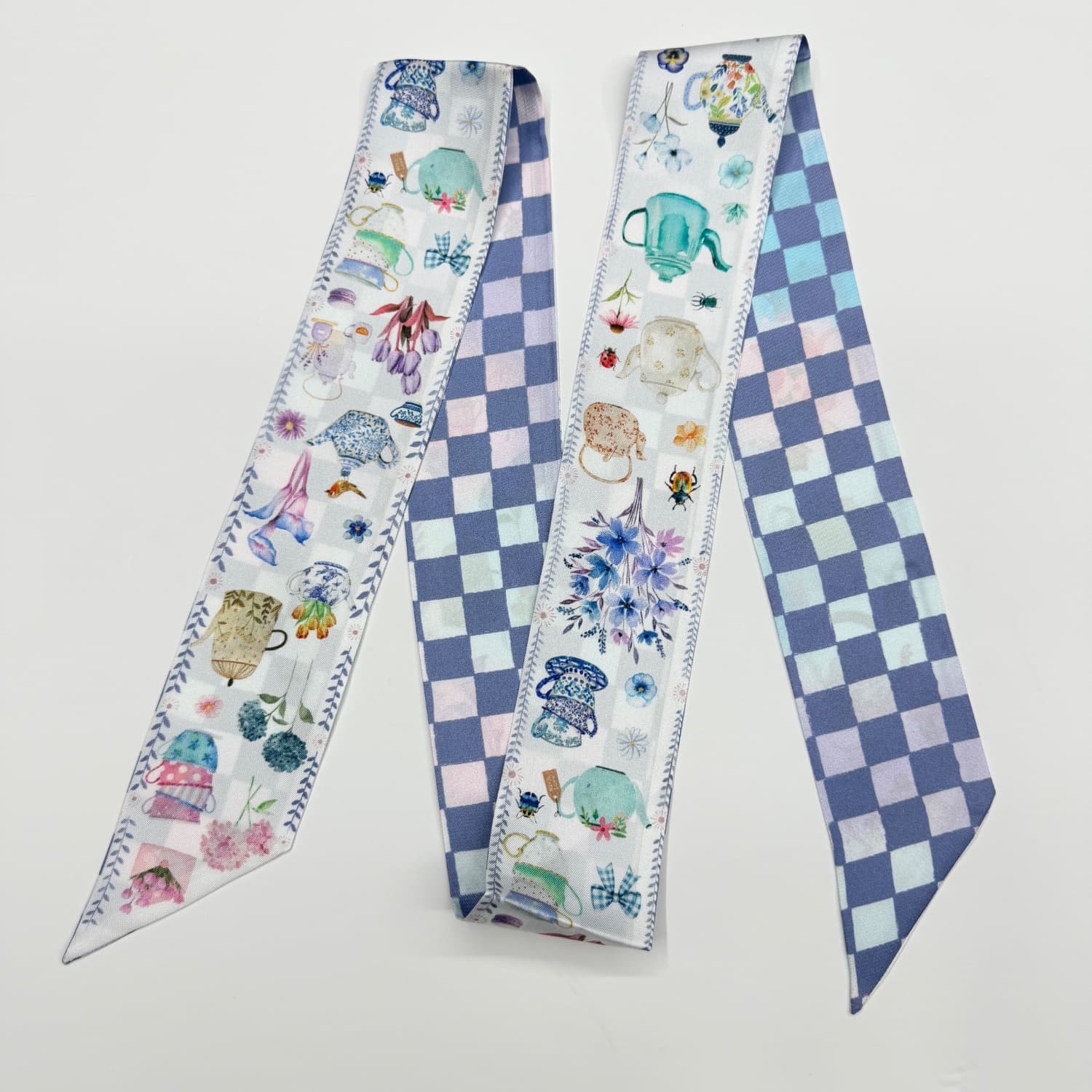 English Garden – Double-Layer Silk Skinny Scarf & Hair Ribbon | Floral Skinny Scarf & Bag Accessory - luxury skinny scarf & ribbon | hand-painted mulberry silk scarf
