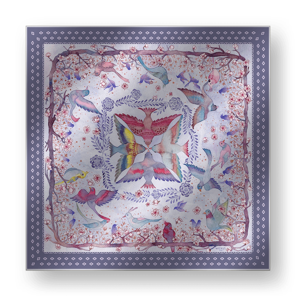 Birds - Hand-Painted Square Silk Scarf | 100% Mulberry Silk Head Wrap