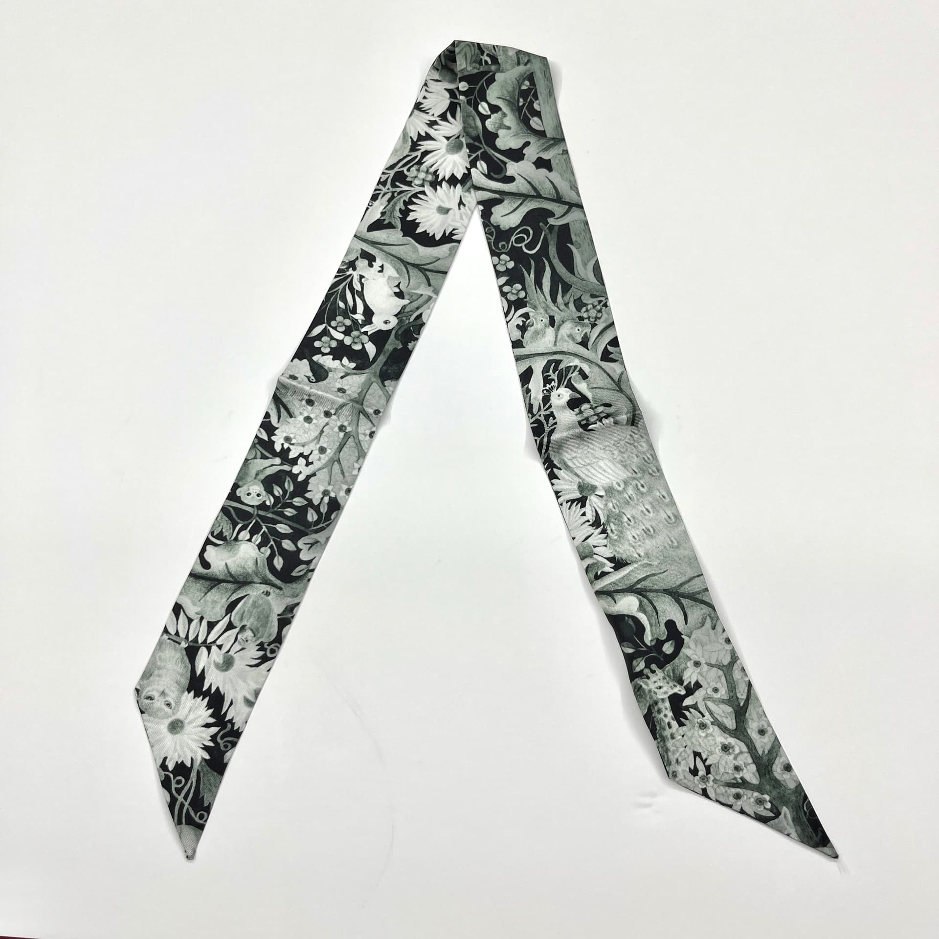 Mystic Woodland B - Double-Layer Silk Skinny Scarf & Hair Ribbon | Bag Accessory - luxury skinny scarf & ribbon | hand-painted mulberry silk scarf