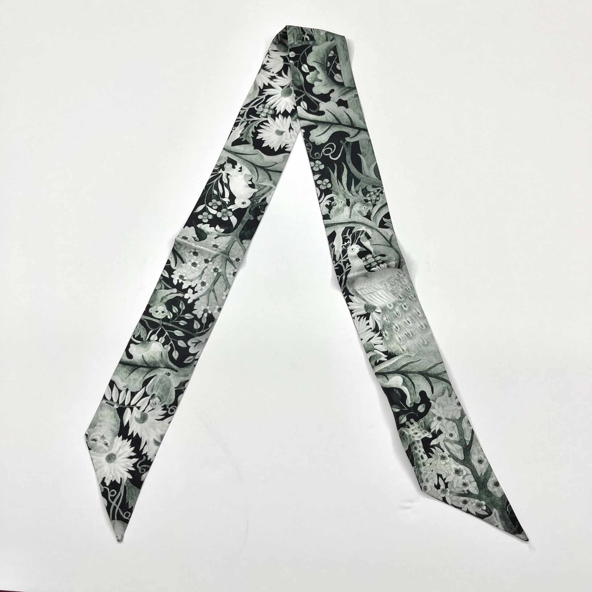 Mystic Woodland B - Double-Layer Silk Skinny Scarf & Hair Ribbon | Bag Accessory