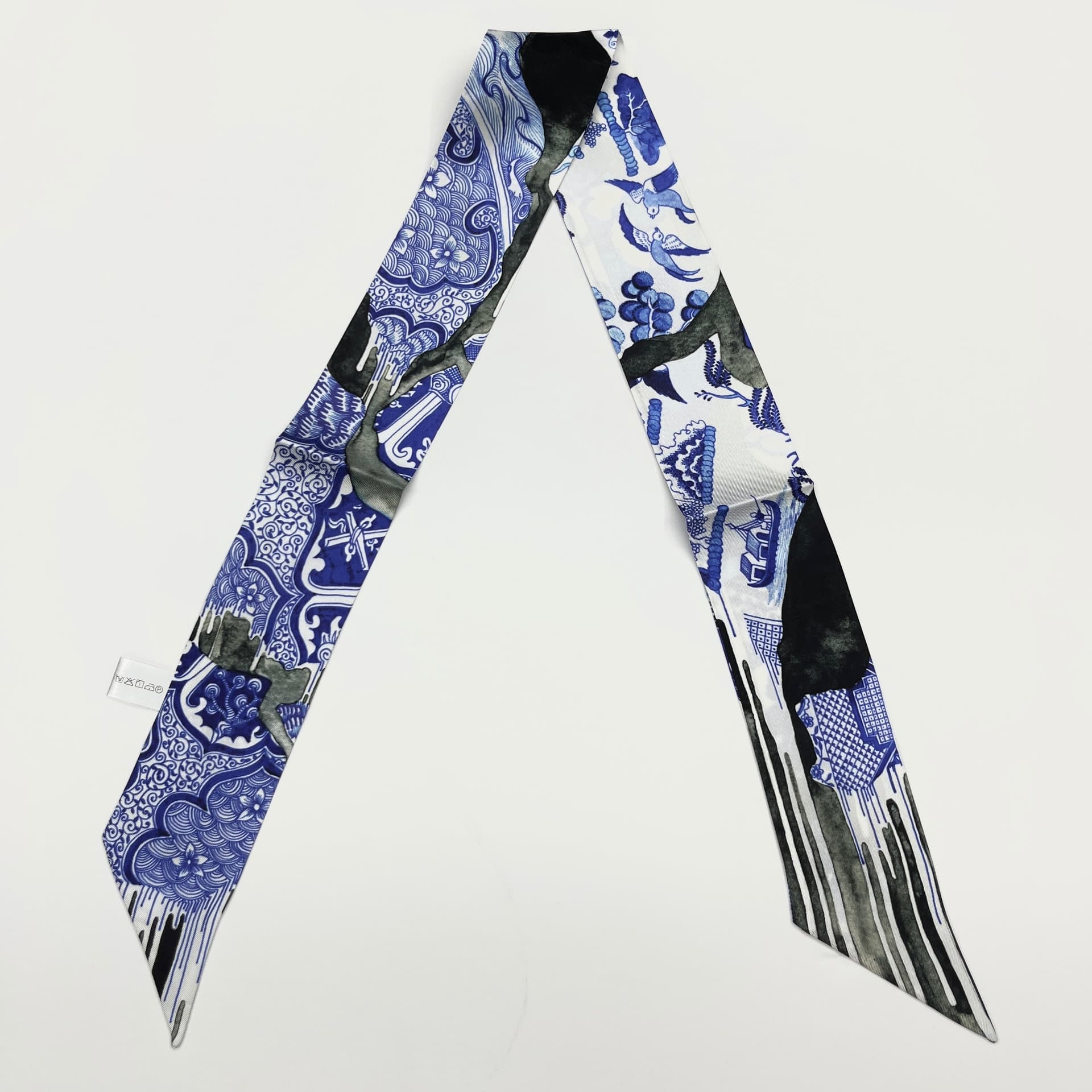 Porcelain Flight - Double-Layer Silk Skinny Scarf & Hair Ribbon | Bag Accessory - luxury skinny scarf & ribbon | hand-painted mulberry silk scarf