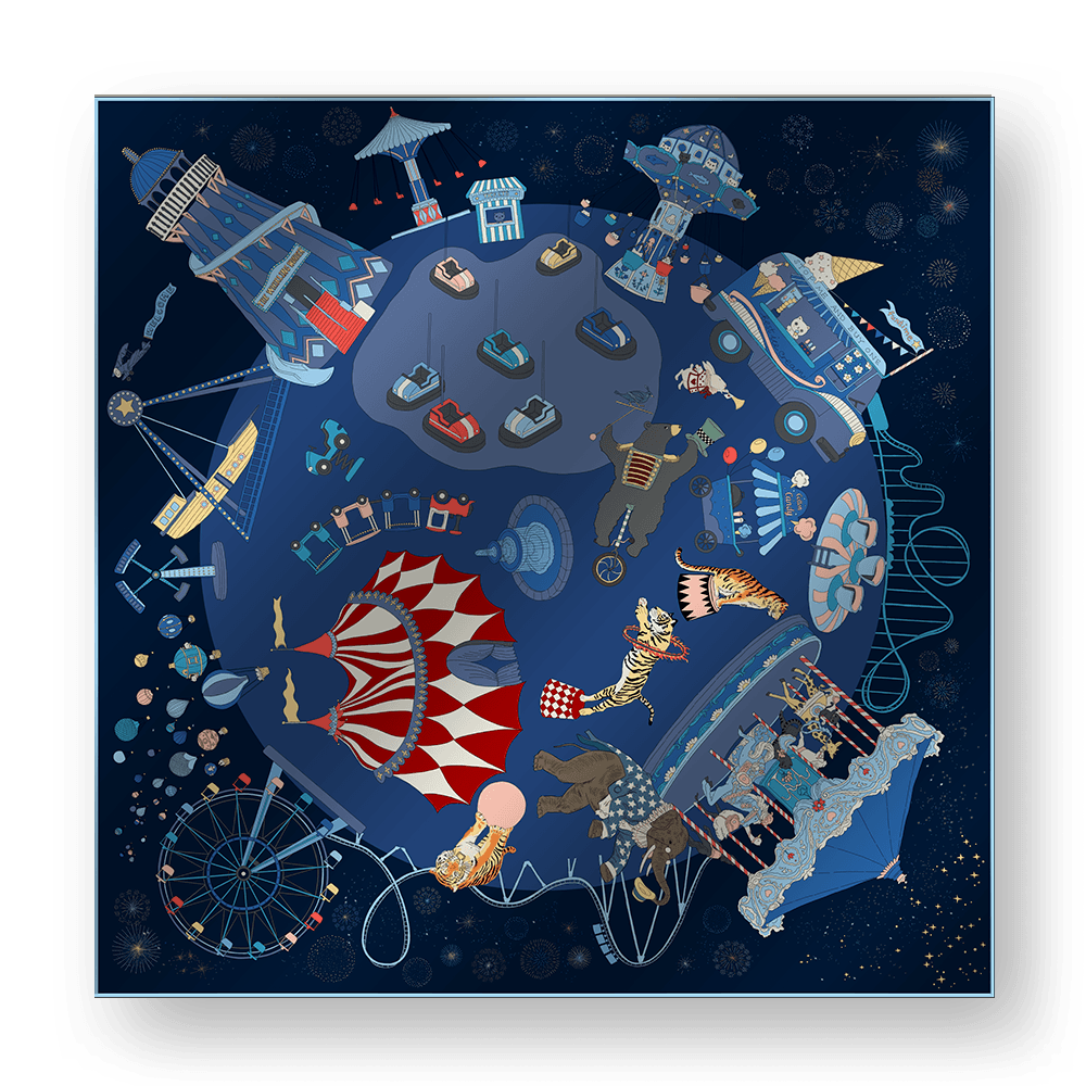 CARNIVAL WONDERLAND A - Double-Sided Hand-Painted Silk Scarf | 100% Mulberry Silk Head Wrap