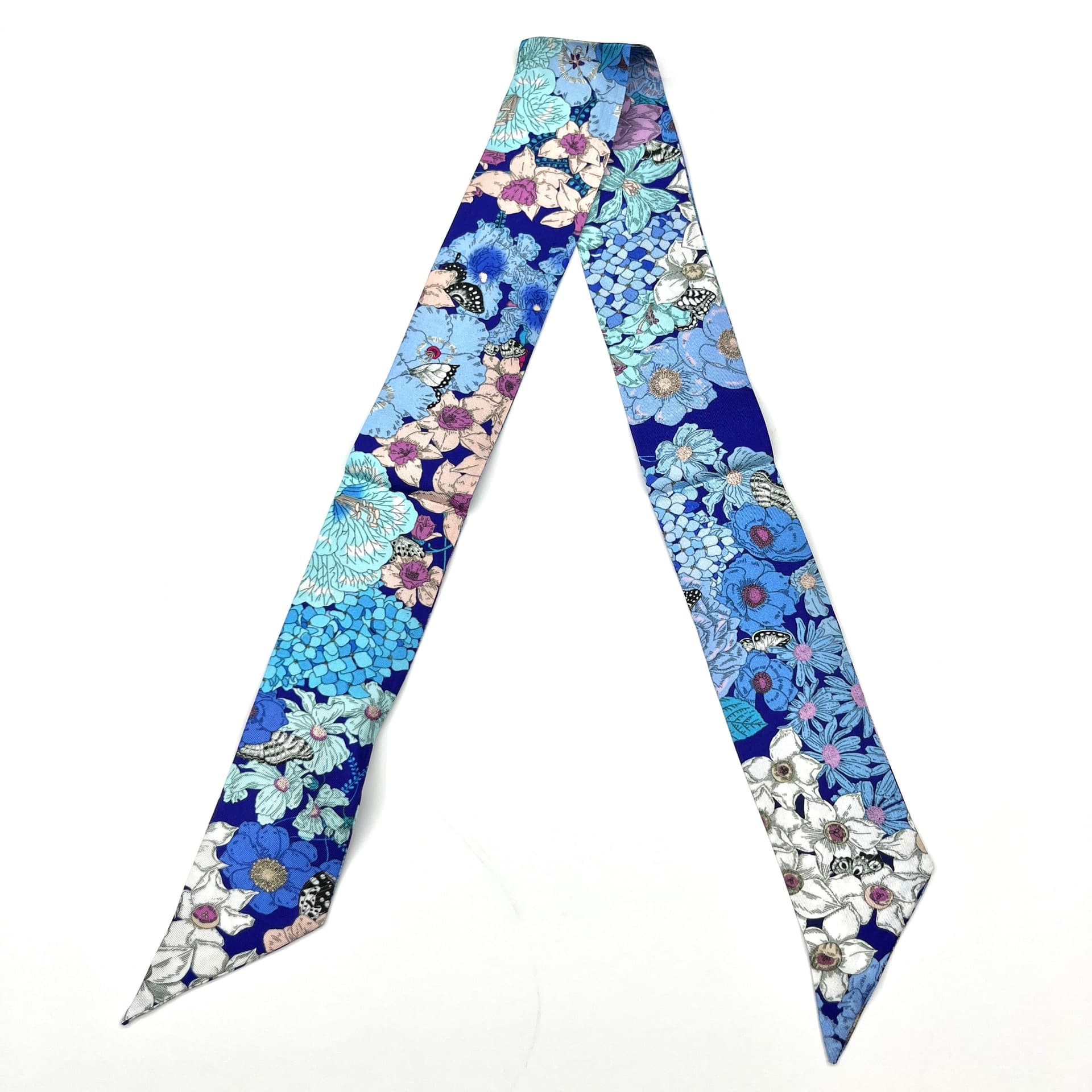 Butterfly Nocturne A - Double-Layer Silk Skinny Scarf & Hair Ribbon | Bag Accessory - luxury skinny scarf & ribbon | hand-painted mulberry silk scarf