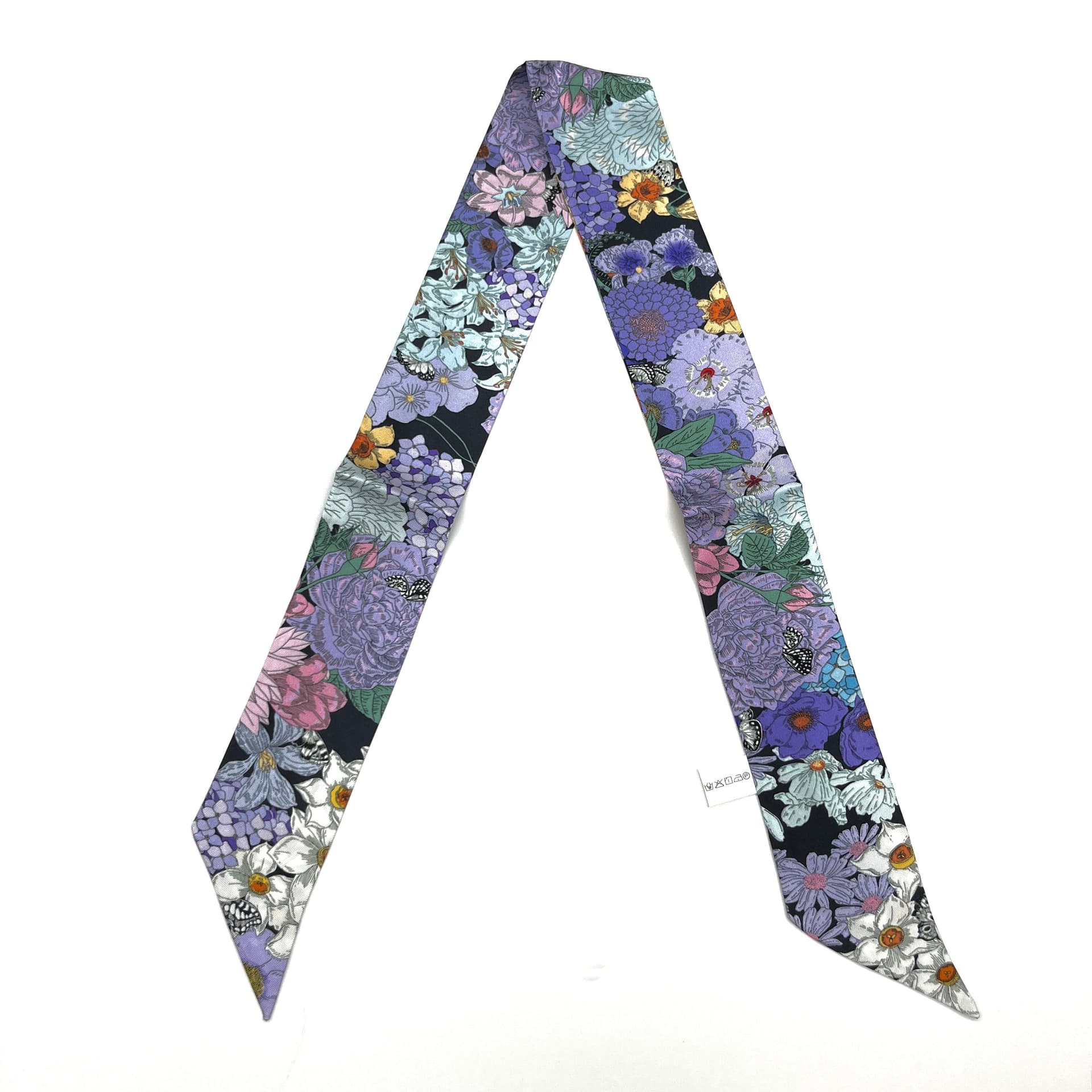 Butterfly Nocturne B - Double-Layer Silk Skinny Scarf & Hair Ribbon | Bag Accessory - luxury skinny scarf & ribbon | hand-painted mulberry silk scarf