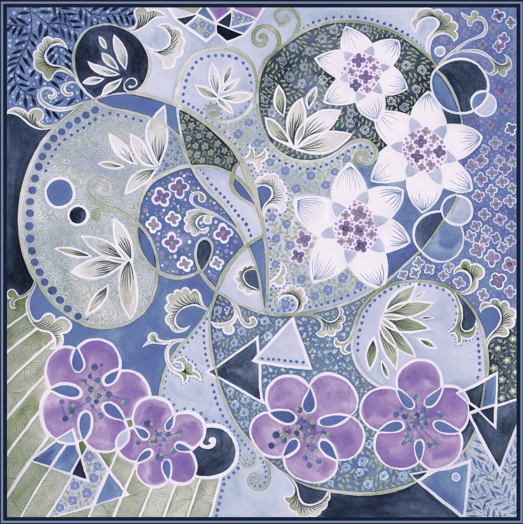 Rhythms of Bloom B - Double-Sided Hand-Painted Silk Scarf | 100% Mulberry Silk Head Wrap