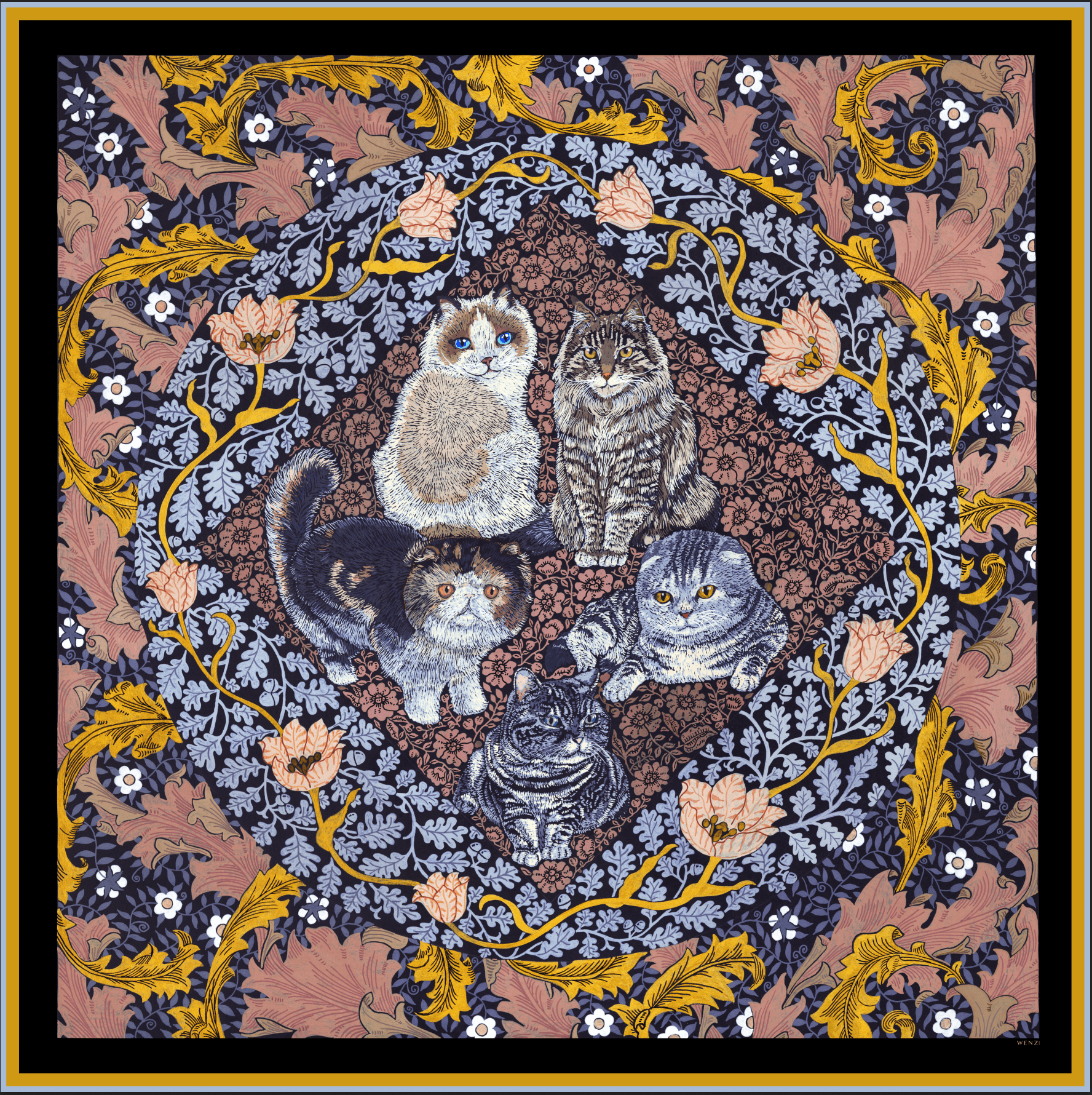 Whiskered Court: The Feline Chapter - Double-Sided Hand-Painted Silk Scarf | 100% Mulberry Silk Head Wrap - luxury square silk scarf | hand-painted mulberry silk scarf