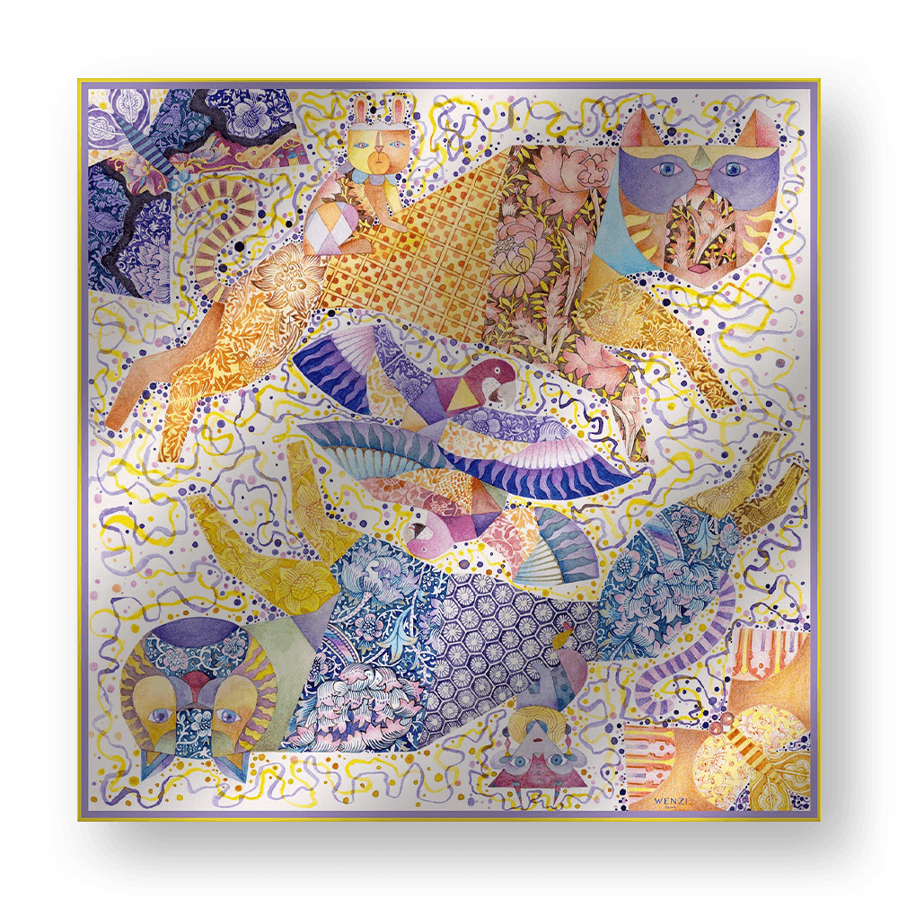 Feline Fantasy - Hand-Painted Square Silk Scarf | 100% Mulberry Silk Head Wrap