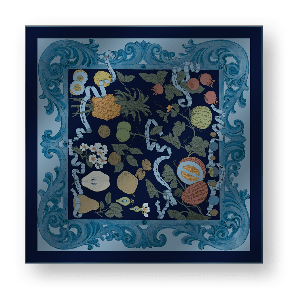 FRUITFUL ELEGANCE A - Double-Sided Hand-Painted Silk Scarf | 100% Mulberry Silk Head Wrap - luxury square silk scarf | hand-painted mulberry silk scarf