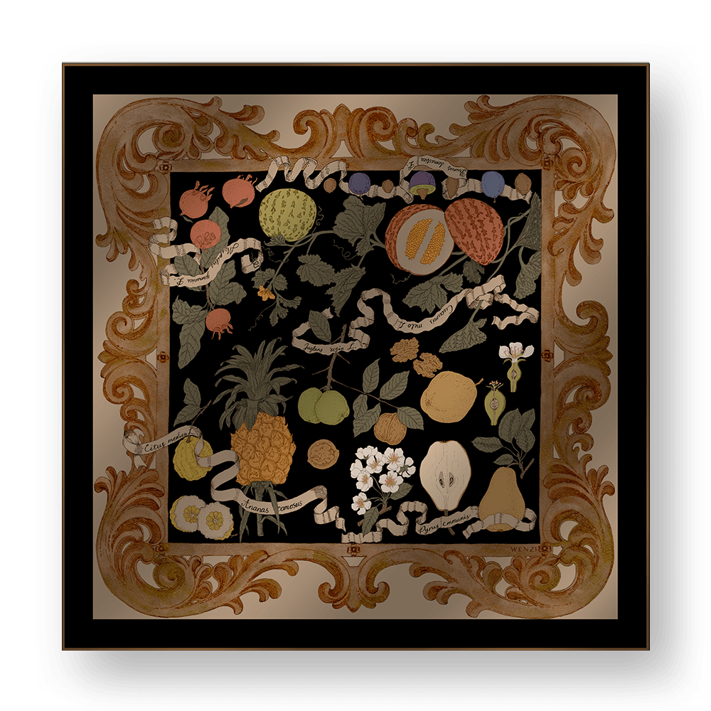 FRUITFUL ELEGANCE B - Double-Sided Hand-Painted Silk Scarf | 100% Mulberry Silk Head Wrap