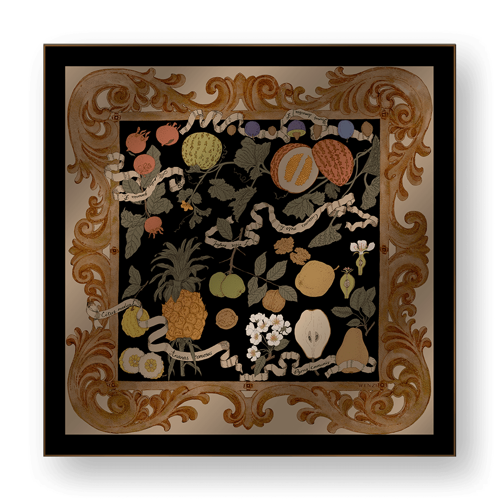 FRUITFUL ELEGANCE B - Double-Sided Hand-Painted Silk Scarf | 100% Mulberry Silk Head Wrap - luxury square silk scarf | hand-painted mulberry silk scarf