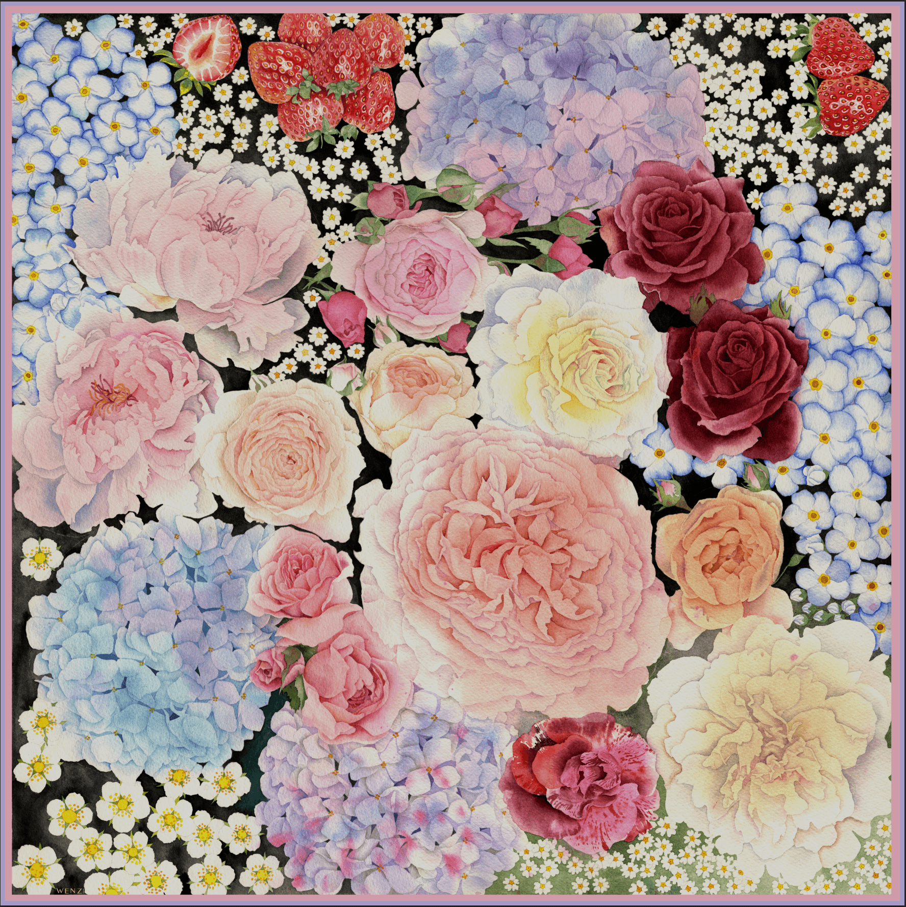 Garden Sonata - Double-Sided Hand-Painted Silk Scarf | 100% Mulberry Silk Head Wrap