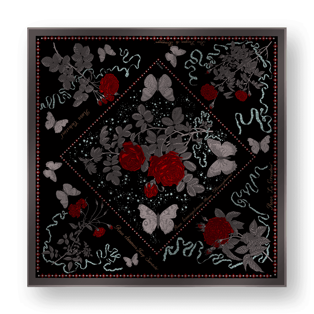 MIDNIGHT ROSES A - Double-Sided Hand-Painted Silk Scarf | 100% Mulberry Silk Head Wrap - luxury square silk scarf | hand-painted mulberry silk scarf