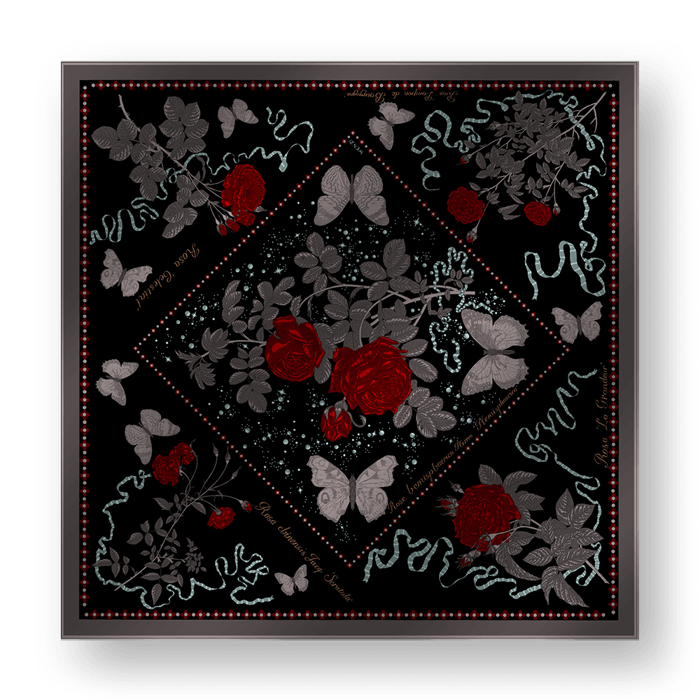 MIDNIGHT ROSES A - Double-Sided Hand-Painted Silk Scarf | 100% Mulberry Silk Head Wrap