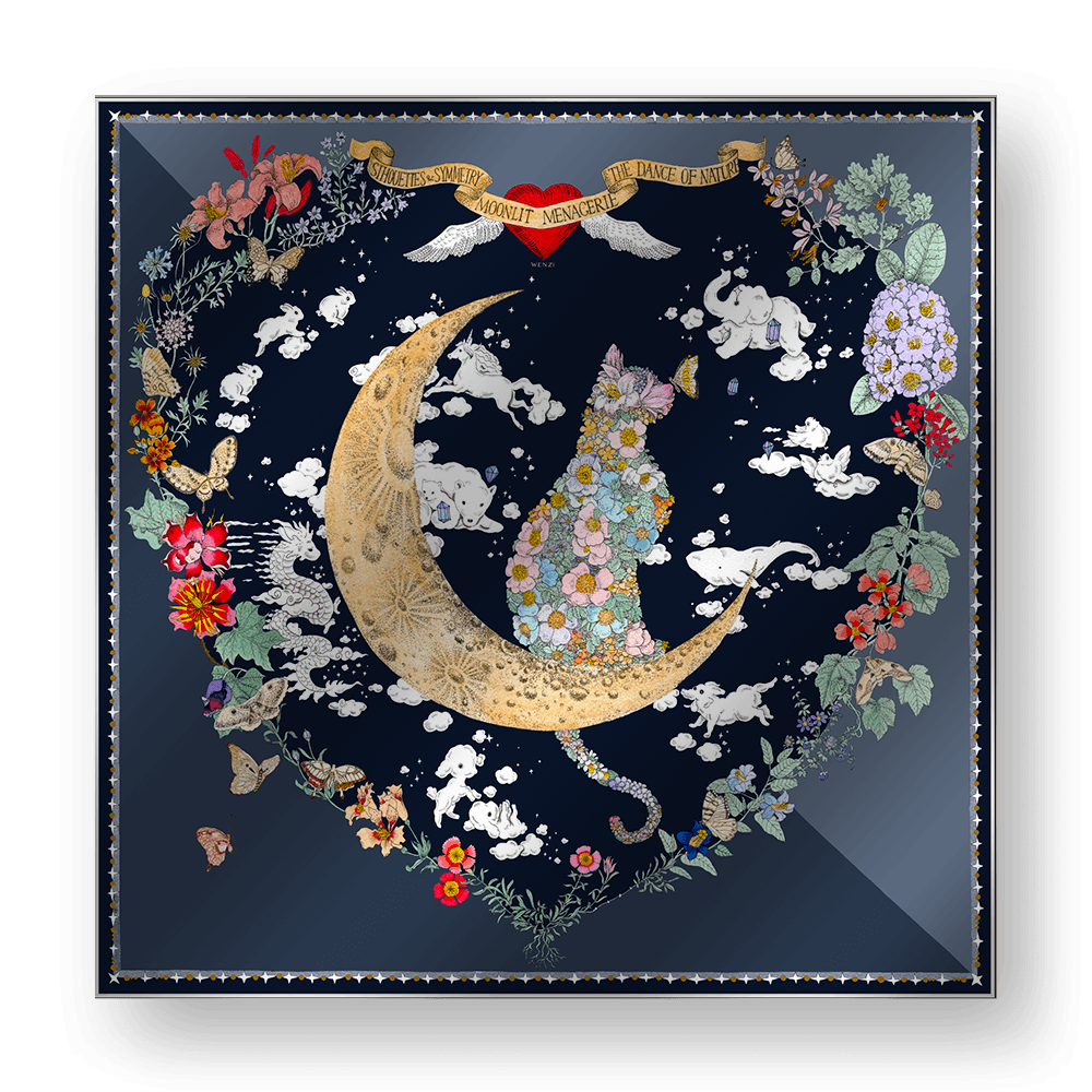 MOONLIT MENAGERIE A - Double-Sided Hand-Painted Silk Scarf | 100% Mulberry Silk Head Wrap - luxury square silk scarf | hand-painted mulberry silk scarf