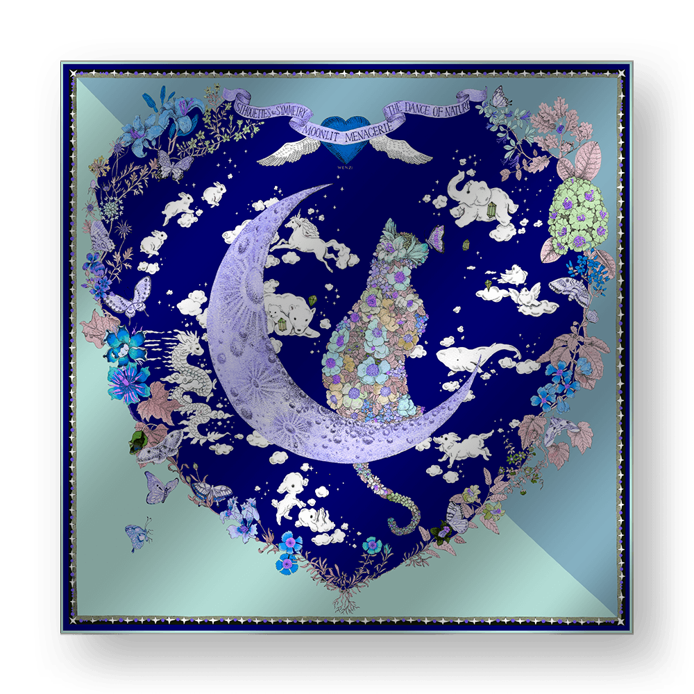 MOONLIT MENAGERIE B - Double-Sided Hand-Painted Silk Scarf | 100% Mulberry Silk Head Wrap - luxury square silk scarf | hand-painted mulberry silk scarf