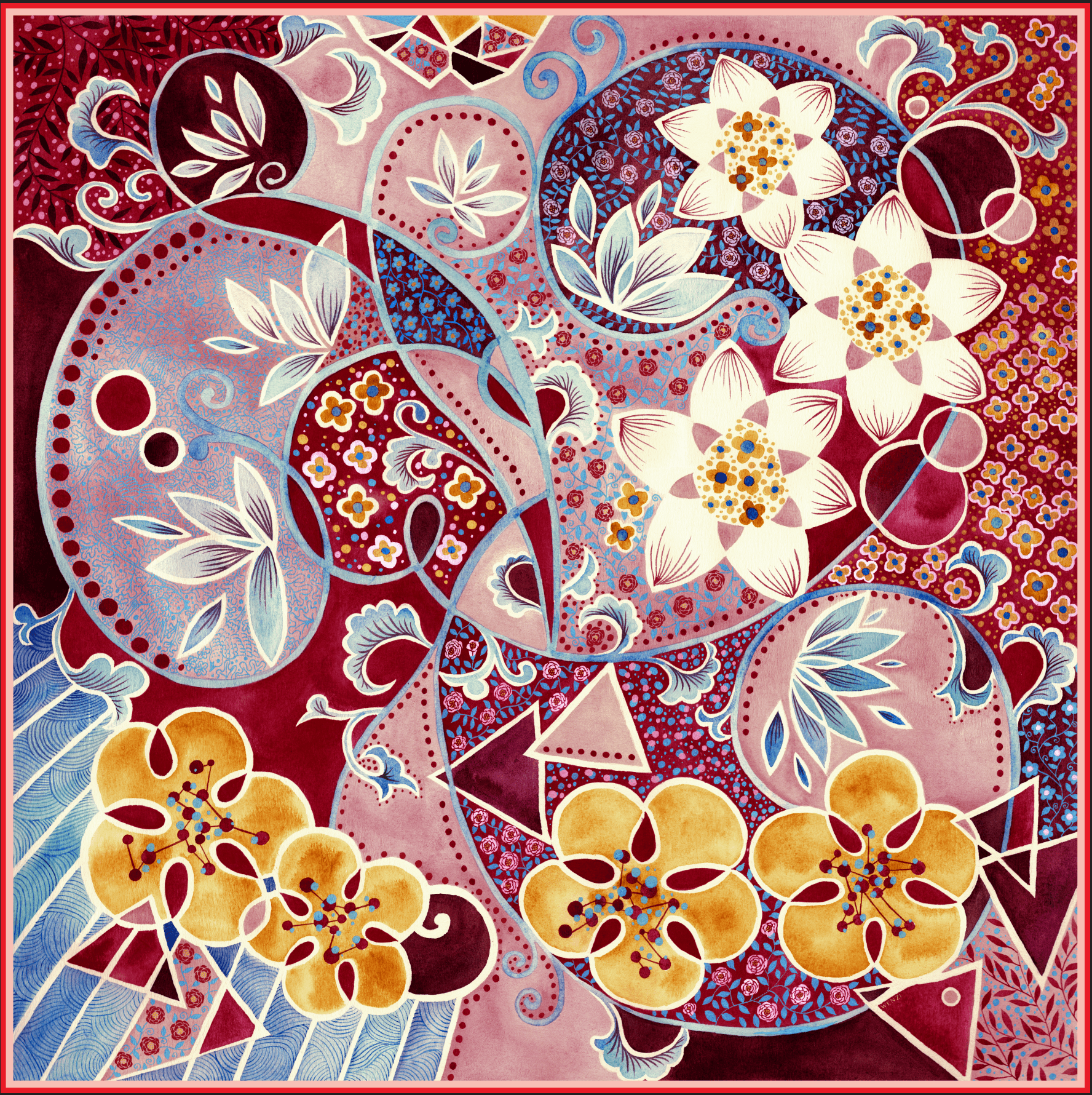 Rhythms of Bloom A - Double-Sided Hand-Painted Silk Scarf | 100% Mulberry Silk Head Wrap - luxury square silk scarf | hand-painted mulberry silk scarf