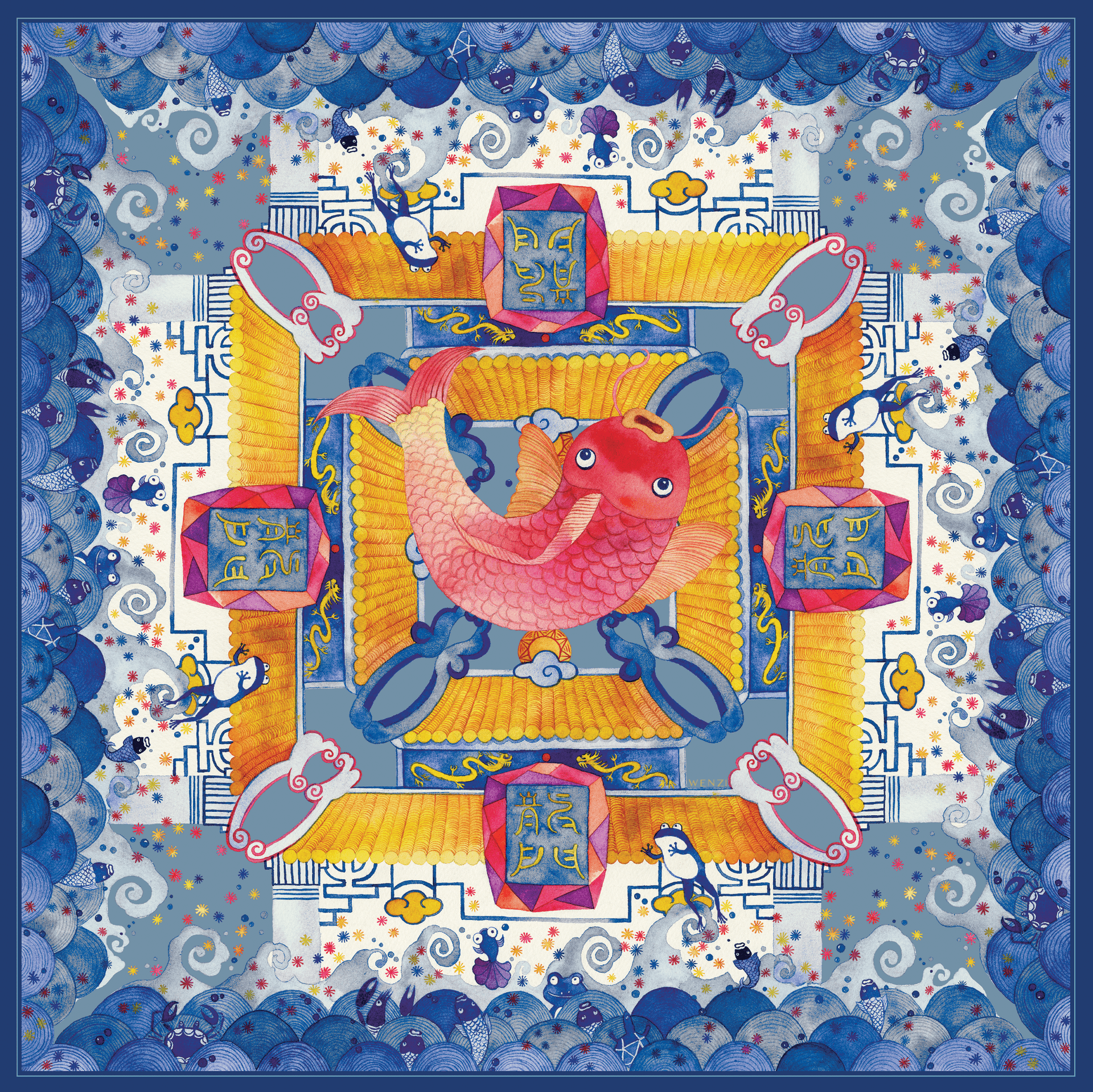 Skybound Koi - Double-Sided Hand-Painted Silk Scarf | 100% Mulberry Silk Head Wrap - luxury square silk scarf | hand-painted mulberry silk scarf