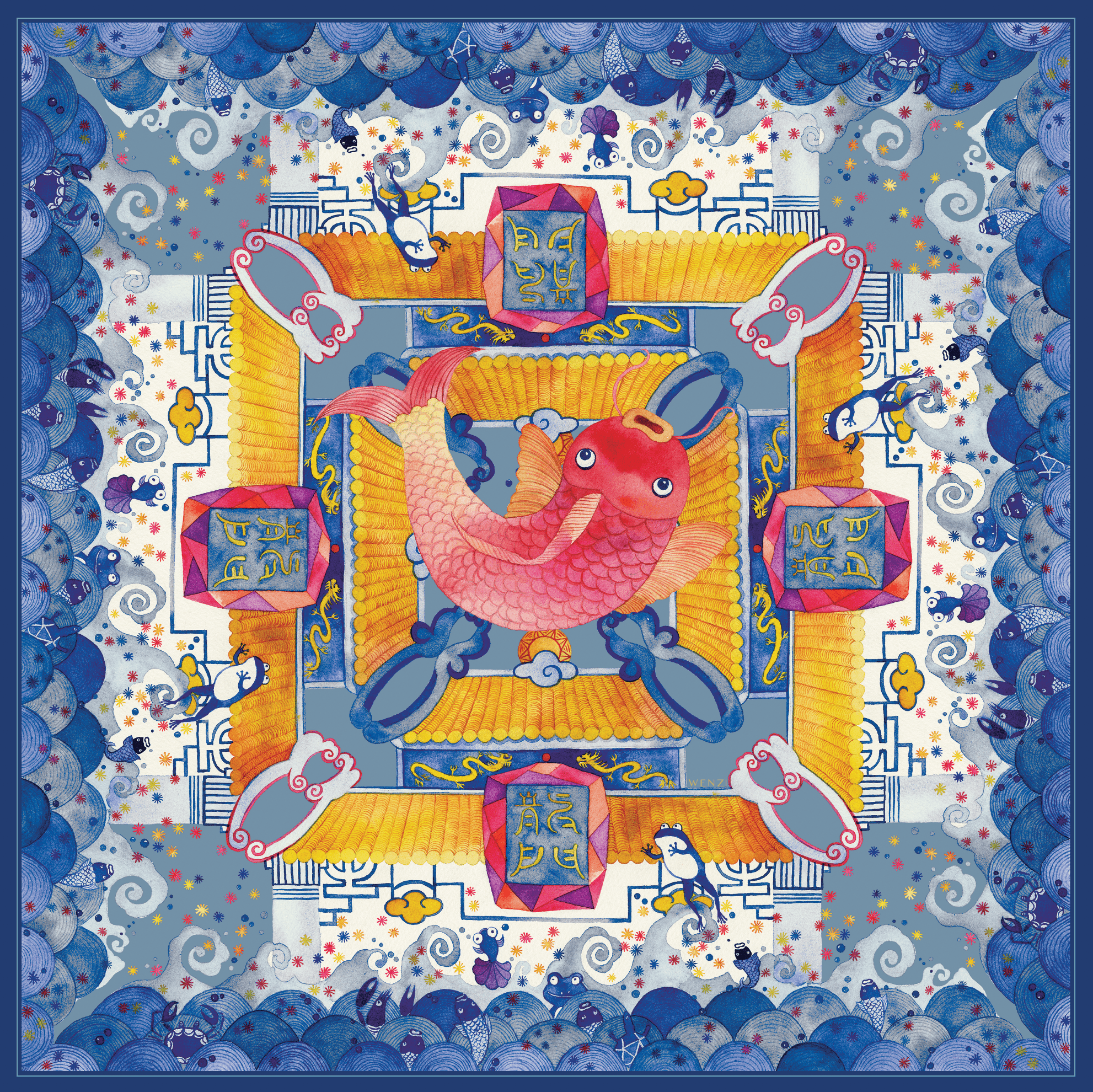 Skybound Koi - Double-Sided Hand-Painted Silk Scarf | 100% Mulberry Silk Head Wrap - luxury square silk scarf | hand-painted mulberry silk scarf