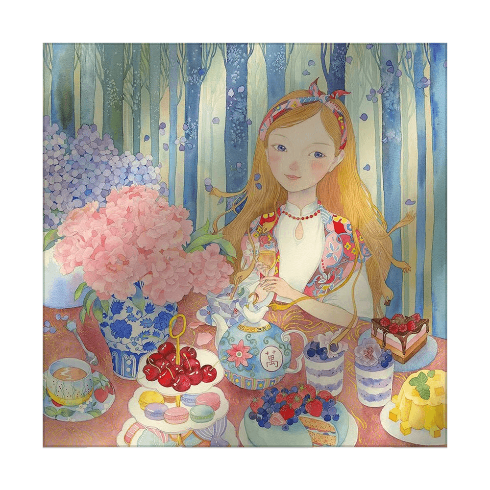 Tea Party - Hand-Painted Square Silk Scarf | 100% Mulberry Silk Head Wrap