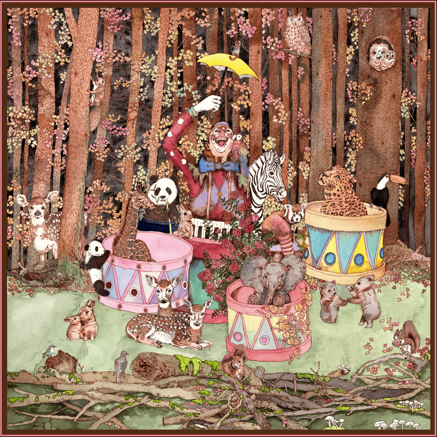 The Forest Circus - Double-Sided Hand-Painted Silk Scarf | 100% Mulberry Silk Head Wrap