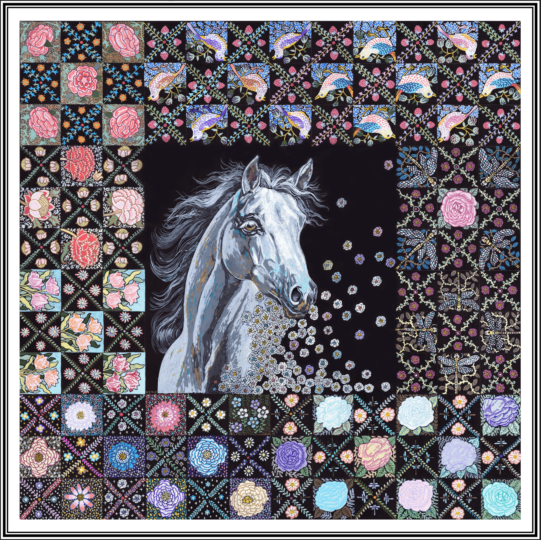 The Starlit Rider - Double-Sided Hand-Painted Silk Scarf | 100% Mulberry Silk Head Wrap - luxury square silk scarf | hand-painted mulberry silk scarf