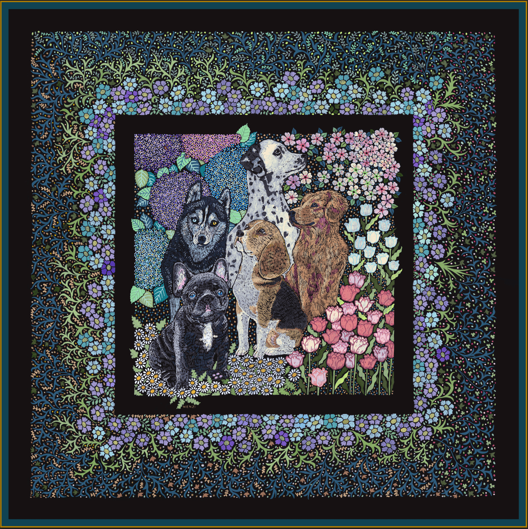 Whiskered Court: The Canine Chapter - Double-Sided Hand-Painted Silk Scarf | 100% Mulberry Silk Head Wrap - luxury square silk scarf | hand-painted mulberry silk scarf