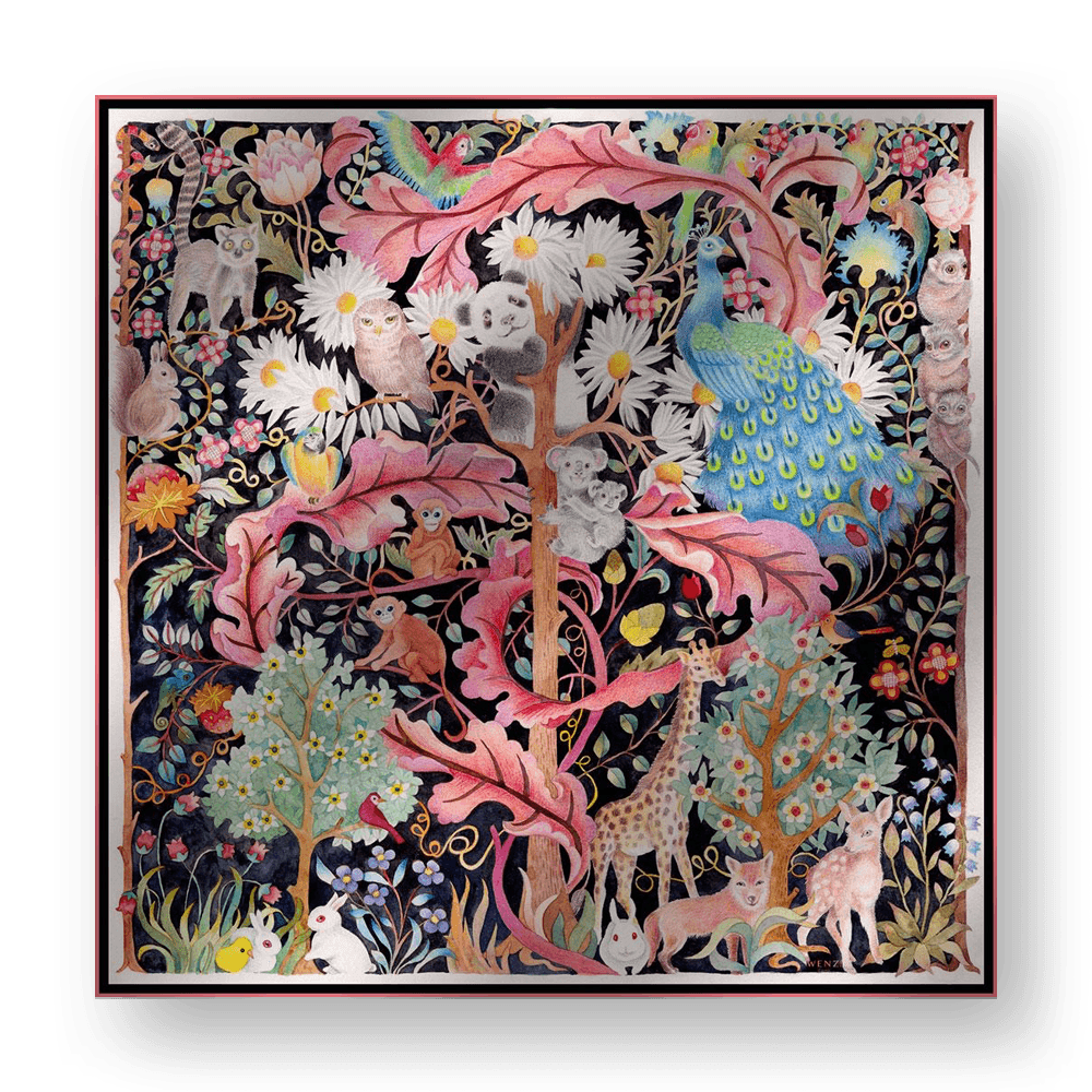 Zoo - Double-Sided Hand-Painted Square Silk Scarf | 100% Mulberry Silk Head Wrap