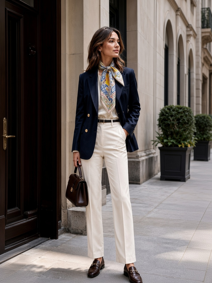Old money tailored navy blazer with silk scarf at the neck