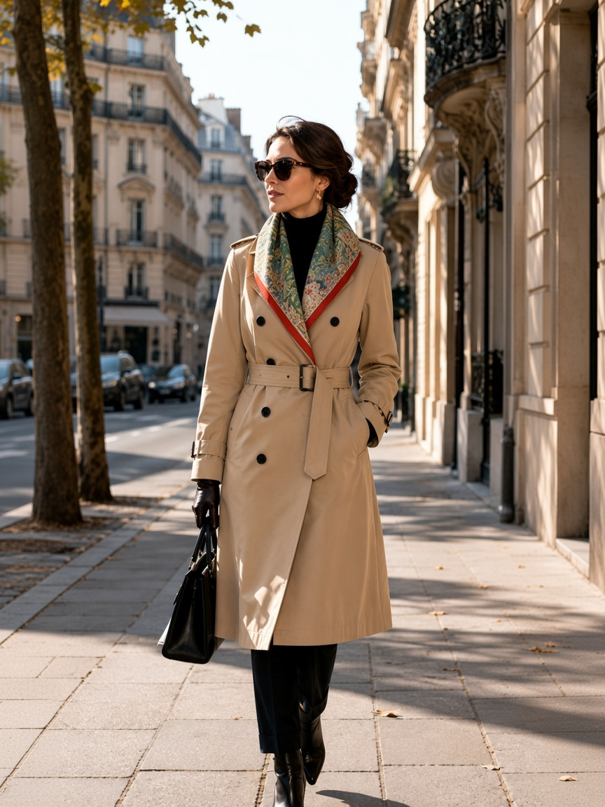 Beige trench coat with silk scarf at the collar old money look