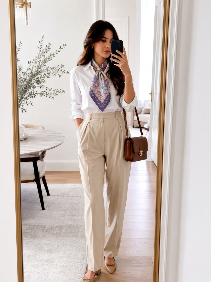 White button-down with Wenzi Birds hand-painted silk scarf neckerchief