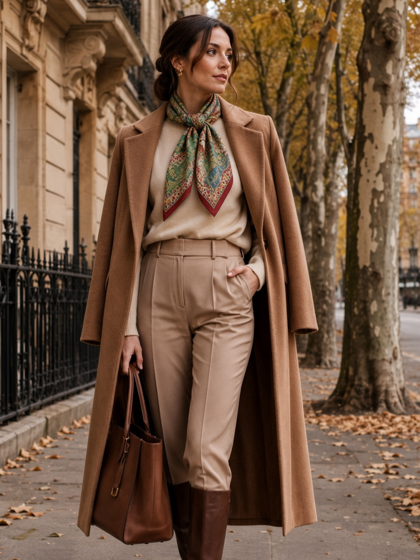 Camel coat with Wenzi Arboreal Reverie silk scarf old money outfit