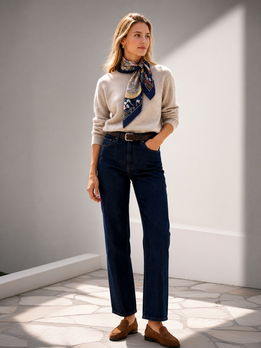 Cashmere sweater with silk neck scarf quiet luxury outfit