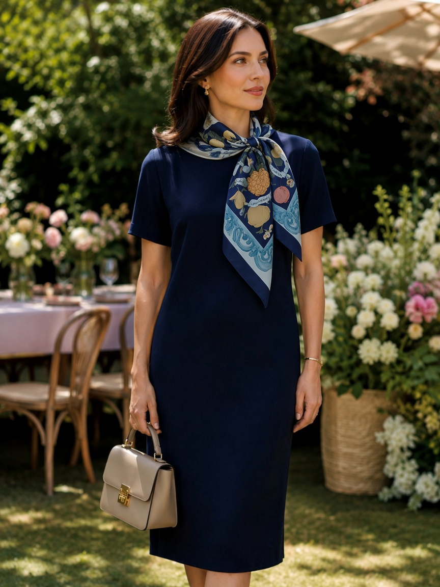 Midi shift dress with Wenzi Fruitful Elegance silk scarf