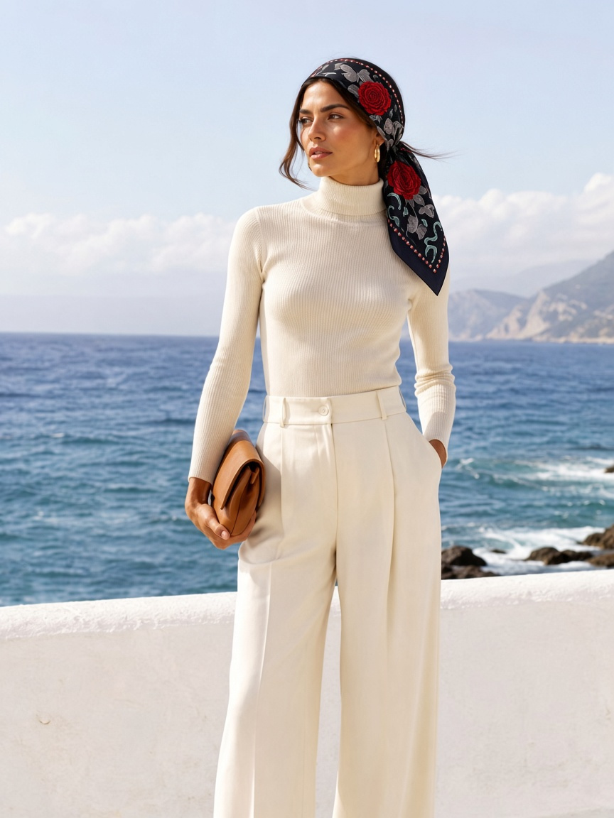 Wide-leg trousers with Wenzi Midnight Roses silk scarf