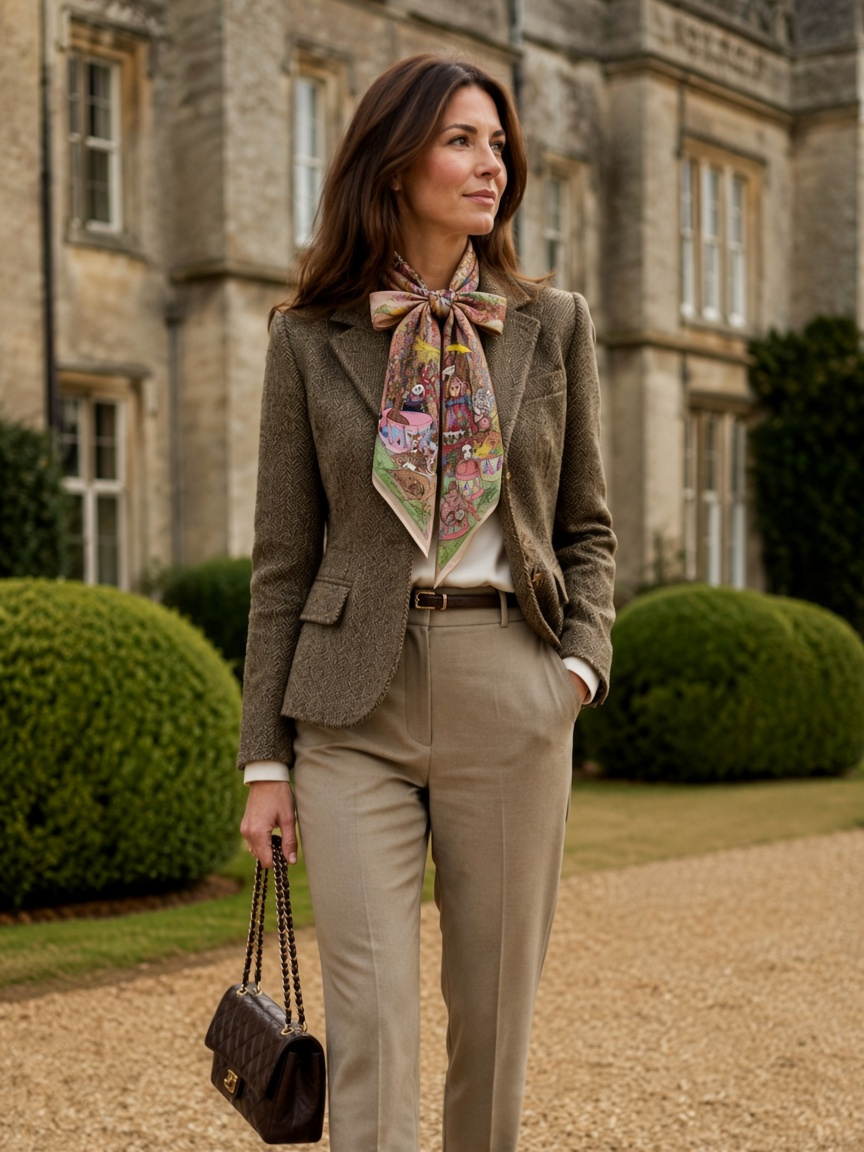 Tweed jacket with silk scarf bow old money heritage look